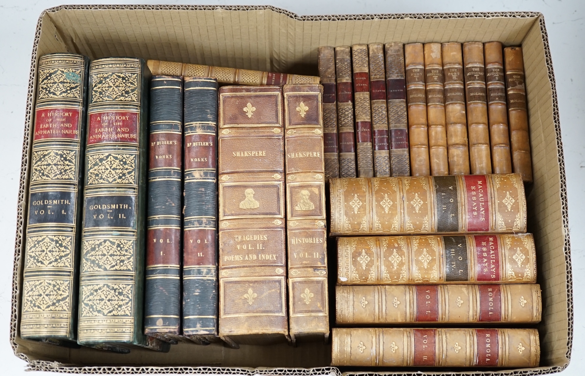 Goldsmith, Oliver - A History of Earth and Animated Nature ... 2 vols. engraved pictorial and printed titles, hand decorated half calf and marbled boards, panelled spines, ge. roy.8vo. 1864; with some other leather bound